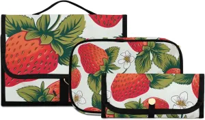 Foldable Hanging Travel Toiletry Organizer Set 3-Piece with Cosmetic Bag & Brush Holder - Cute Strawberry (6)