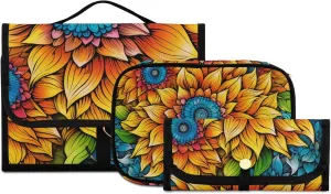 Foldable Hanging Travel Toiletry Organizer Set 3-Piece with Cosmetic Bag & Brush Holder - Cute Sunflower