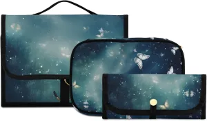 Foldable Hanging Travel Toiletry Organizer Set 3-Piece with Cosmetic Bag & Brush Holder - Fantasy Starry Sky Butterfly (1)