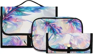 Foldable Hanging Travel Toiletry Organizer Set 3-Piece with Cosmetic Bag & Brush Holder - Feather (4)