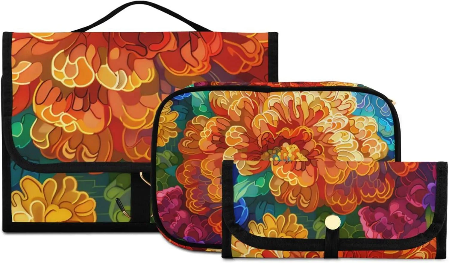 Foldable Hanging Travel Toiletry Organizer Set 3-Piece with Cosmetic Bag & Brush Holder - Flower (14)