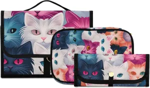 Foldable Hanging Travel Toiletry Organizer Set 3-Piece with Cosmetic Bag & Brush Holder - Flower Cat (3)