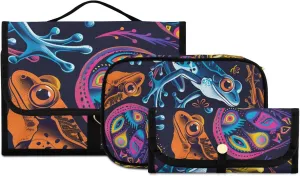 Foldable Hanging Travel Toiletry Organizer Set 3-Piece with Cosmetic Bag & Brush Holder - Frog (1)