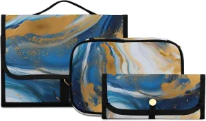 Foldable Hanging Travel Toiletry Organizer Set 3-Piece with Cosmetic Bag & Brush Holder - Marble Blue