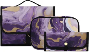 Foldable Hanging Travel Toiletry Organizer Set 3-Piece with Cosmetic Bag & Brush Holder - Marble Purple