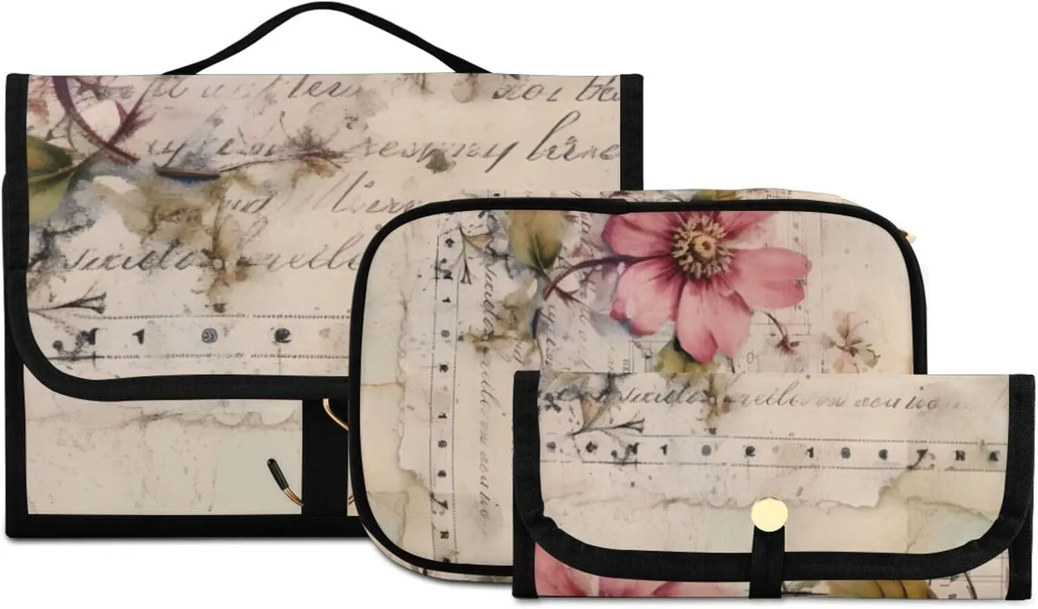 Foldable Hanging Travel Toiletry Organizer Set 3-Piece with Cosmetic Bag & Brush Holder - Old Newspaper Flower