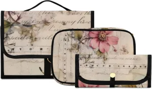 Foldable Hanging Travel Toiletry Organizer Set 3-Piece with Cosmetic Bag & Brush Holder - Old Newspaper Flower