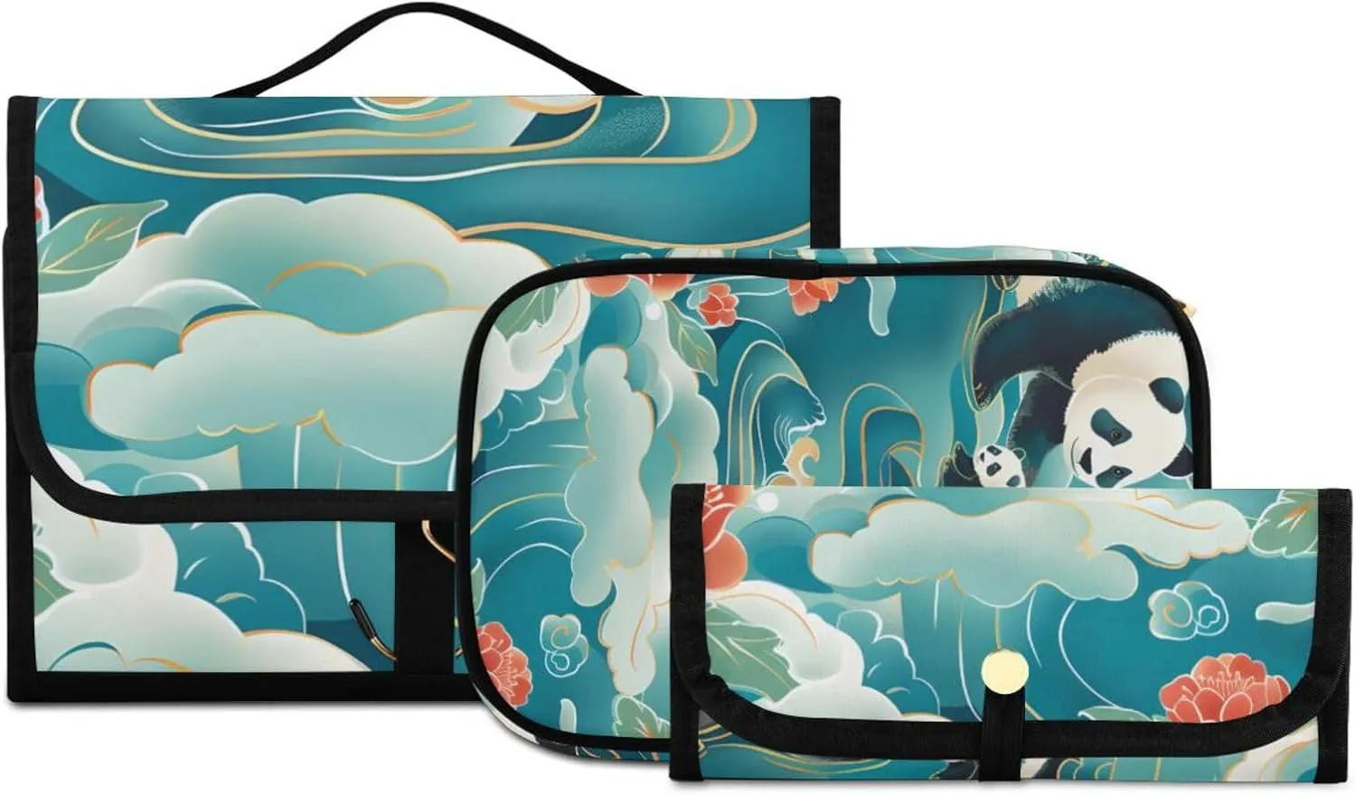 Foldable Hanging Travel Toiletry Organizer Set 3-Piece with Cosmetic Bag & Brush Holder - Panda (24)