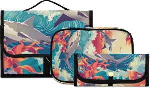 Foldable Hanging Travel Toiletry Organizer Set 3-Piece with Cosmetic Bag & Brush Holder - Shark (5)