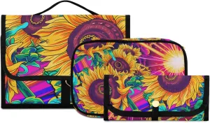 Foldable Hanging Travel Toiletry Organizer Set 3-Piece with Cosmetic Bag & Brush Holder - Sunflower (24)