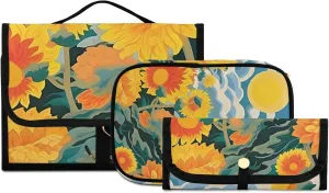 Foldable Hanging Travel Toiletry Organizer Set 3-Piece with Cosmetic Bag & Brush Holder - Sunflower (37)