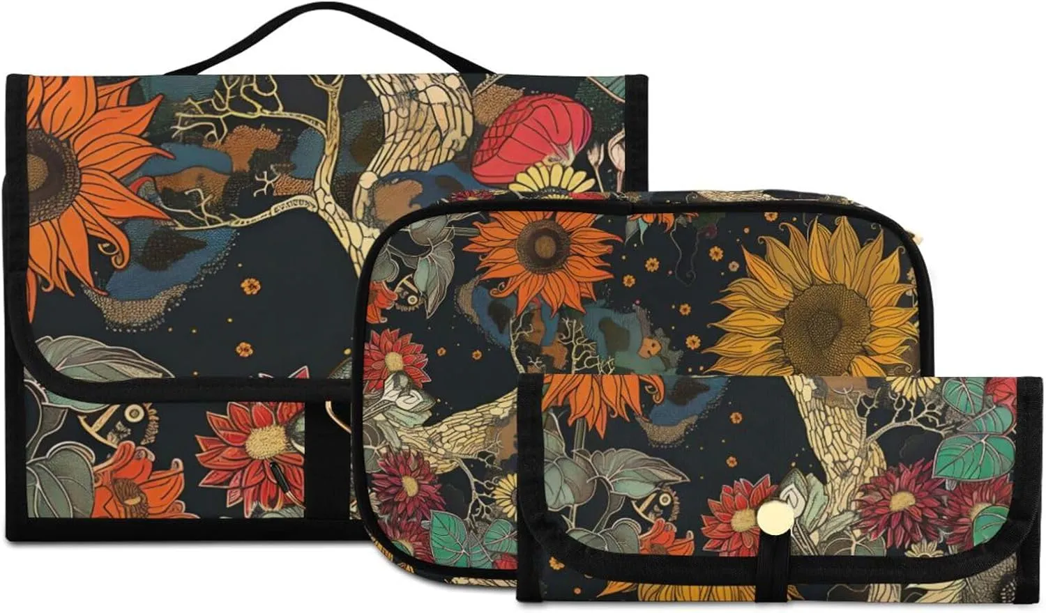 Foldable Hanging Travel Toiletry Organizer Set 3-Piece with Cosmetic Bag & Brush Holder - Sunflower (3)
