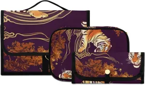 Foldable Hanging Travel Toiletry Organizer Set 3-Piece with Cosmetic Bag & Brush Holder - Tiger (1)