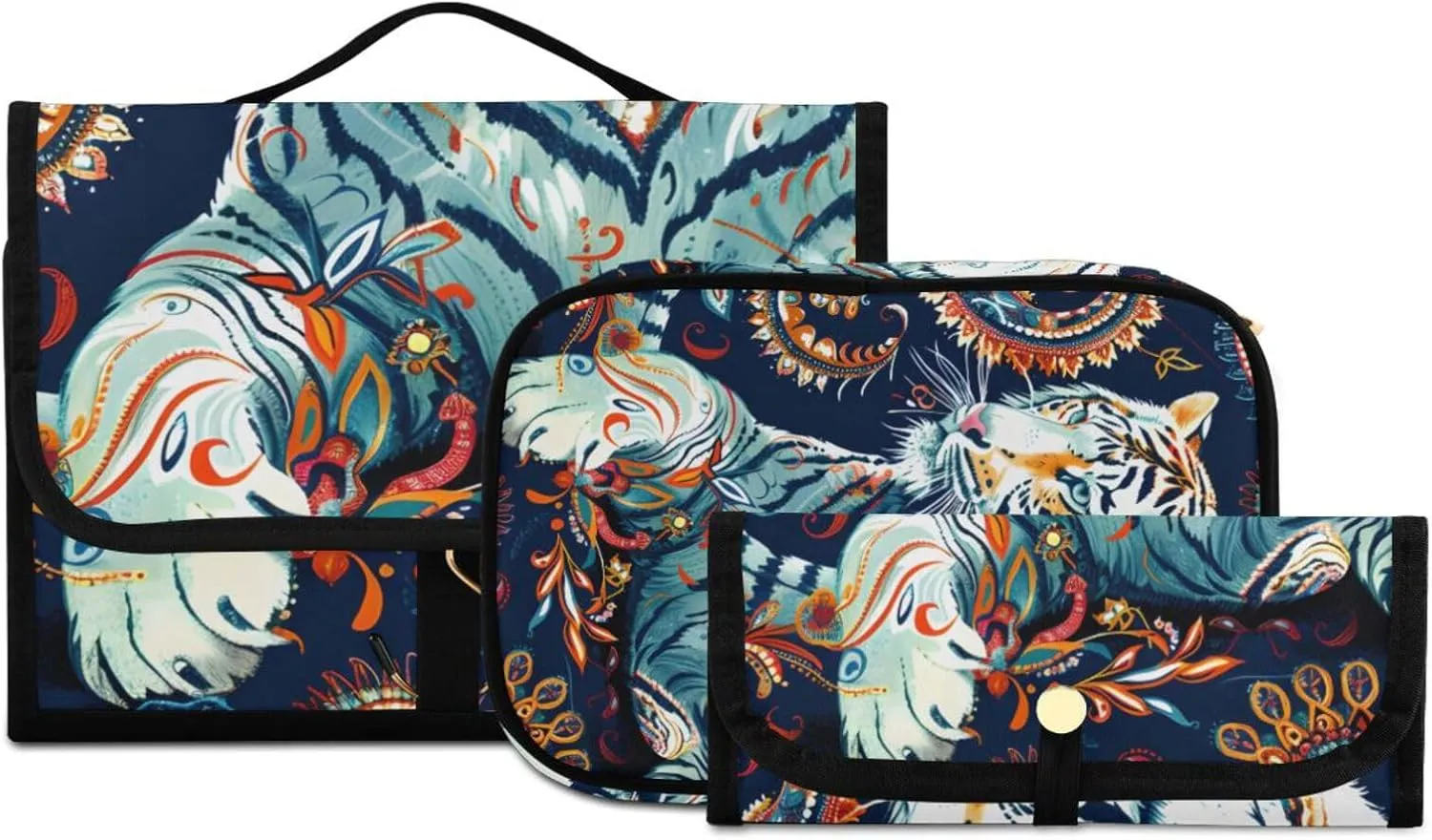 Foldable Hanging Travel Toiletry Organizer Set 3-Piece with Cosmetic Bag & Brush Holder - Tiger (25)