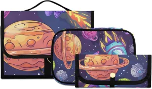 Foldable Hanging Travel Toiletry Organizer Set 3-Piece with Cosmetic Bag & Brush Holder - Universe Starry Sky Rocket (4)