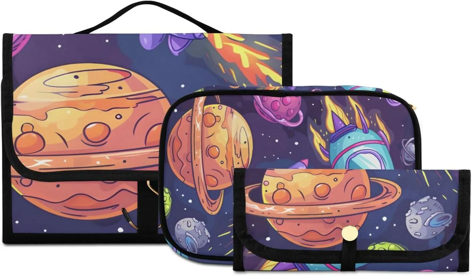 Foldable Hanging Travel Toiletry Organizer Set 3-Piece with Cosmetic Bag & Brush Holder - Universe Starry Sky Rocket (4)