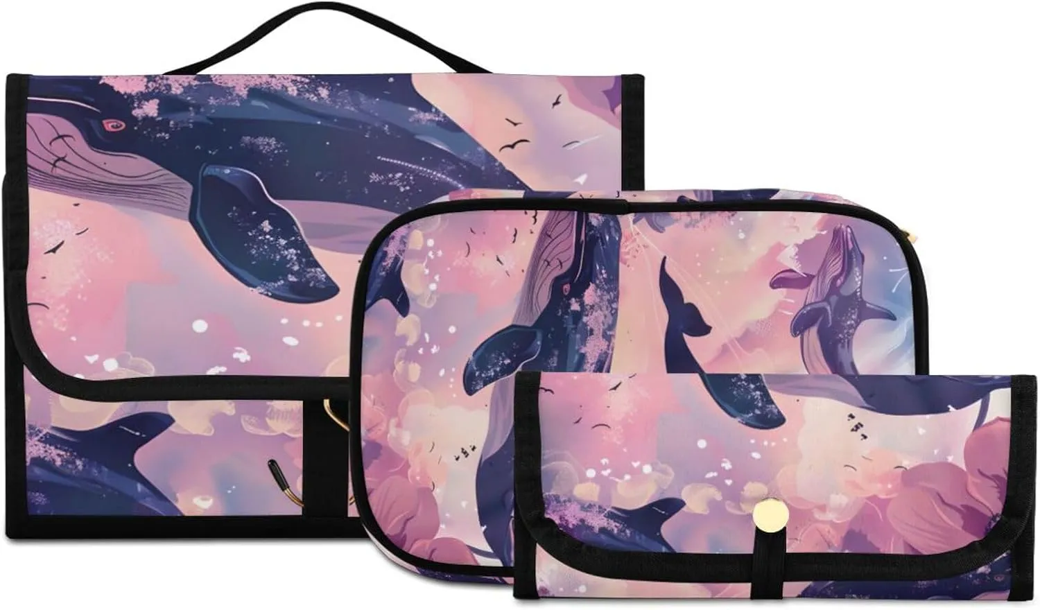 Foldable Hanging Travel Toiletry Organizer Set 3-Piece with Cosmetic Bag & Brush Holder - Whale (9)