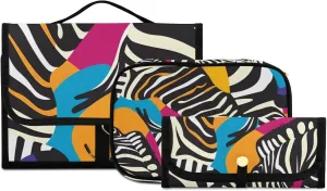 Foldable Hanging Travel Toiletry Organizer Set 3-Piece with Cosmetic Bag & Brush Holder - Zebra (1)