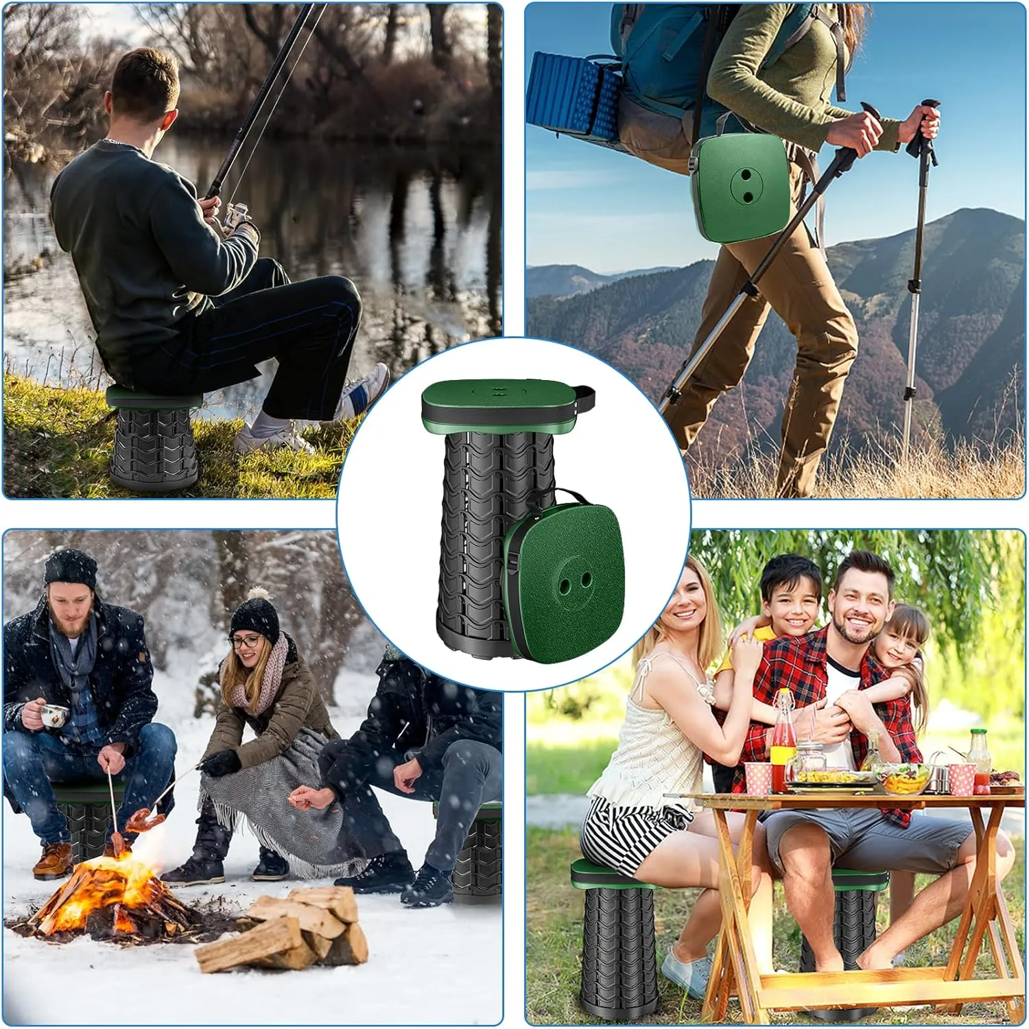 Folding Camping Stool, Square Collapsible Portable Stool,Collapsible Stool with Elastic Seat Cushion& Adjustable Nylon Bag, Sturdy Lightweight Telescoping Foldable Stool,Max Load 485lb (Green)