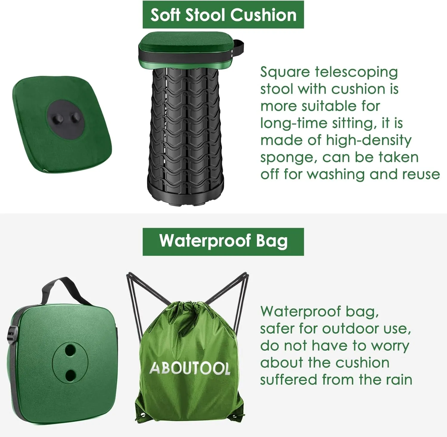 Folding Camping Stool, Square Collapsible Portable Stool,Collapsible Stool with Elastic Seat Cushion& Adjustable Nylon Bag, Sturdy Lightweight Telescoping Foldable Stool,Max Load 485lb (Green)