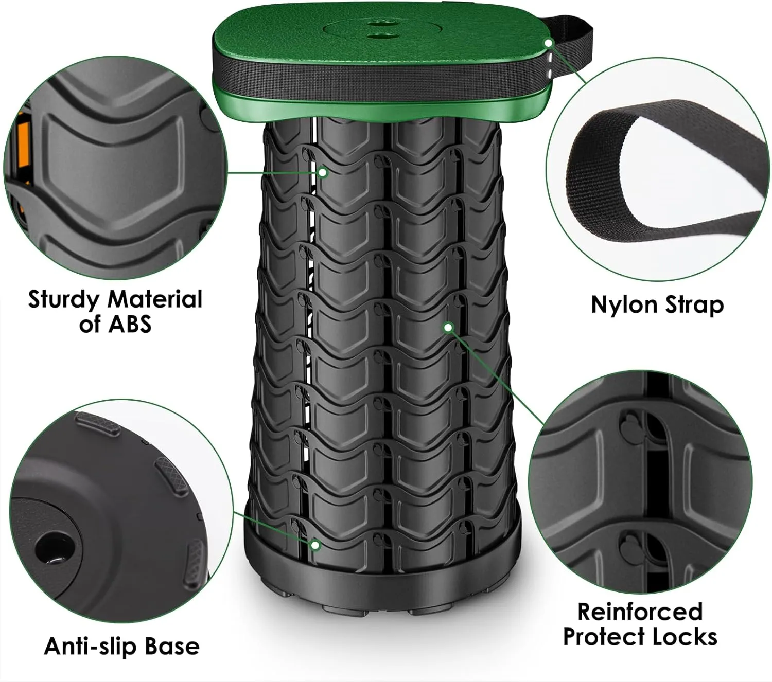 Folding Camping Stool, Square Collapsible Portable Stool,Collapsible Stool with Elastic Seat Cushion& Adjustable Nylon Bag, Sturdy Lightweight Telescoping Foldable Stool,Max Load 485lb (Green)
