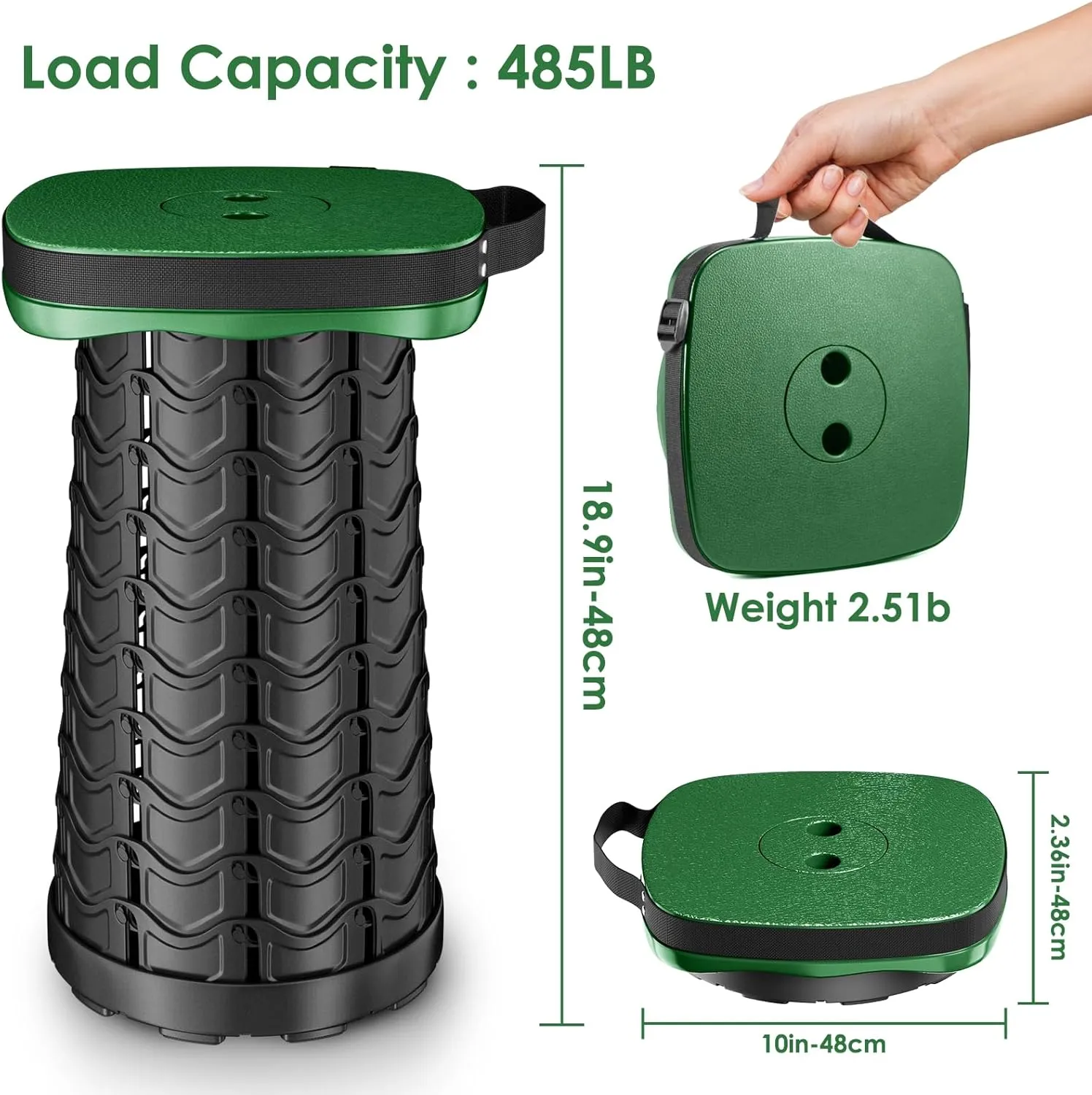 Folding Camping Stool, Square Collapsible Portable Stool,Collapsible Stool with Elastic Seat Cushion& Adjustable Nylon Bag, Sturdy Lightweight Telescoping Foldable Stool,Max Load 485lb (Green)