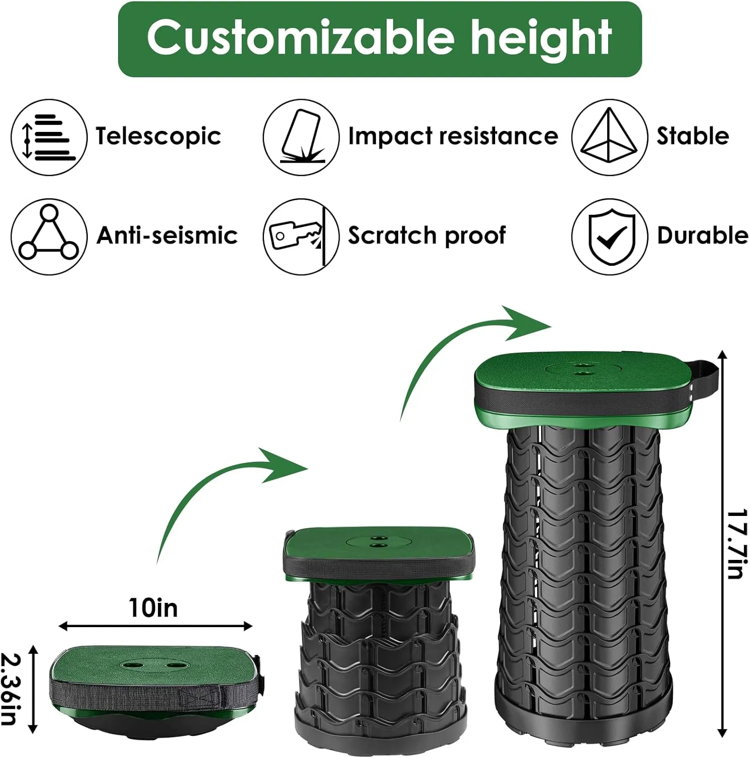 Folding Camping Stool, Square Collapsible Portable Stool,Collapsible Stool with Elastic Seat Cushion& Adjustable Nylon Bag, Sturdy Lightweight Telescoping Foldable Stool,Max Load 485lb (Green)