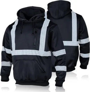 FONIRRA High Visibility Safety Fleece Hoodie for Men Reflective Sweatshirt ANSI Class 3 with Black Bottom(Black,M)