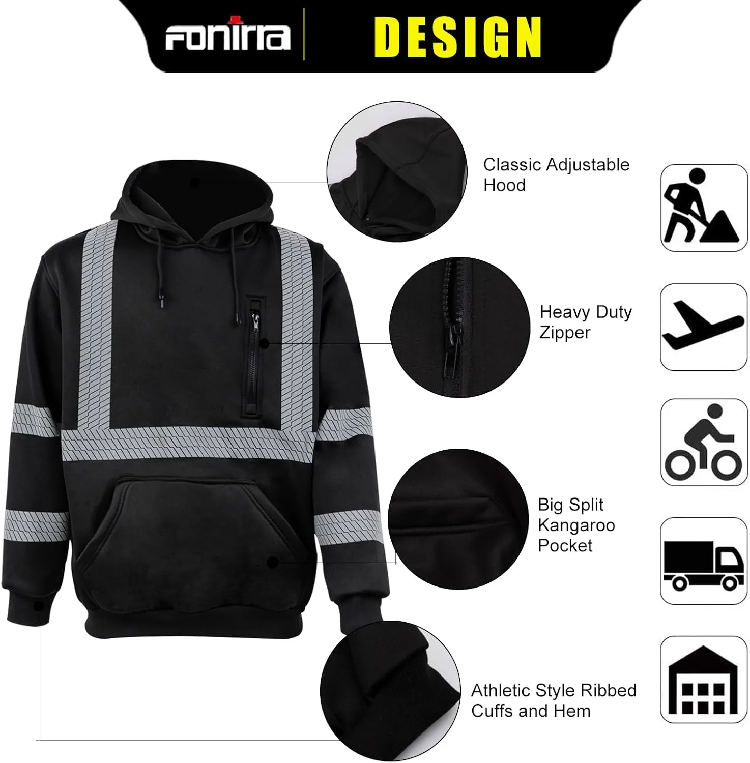 FONIRRA High Visibility Safety Fleece Hoodie for Men Reflective Sweatshirt ANSI Class 3 with Black Bottom(Black,M)