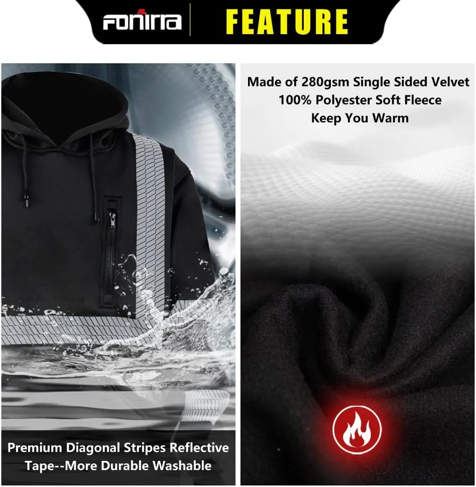 FONIRRA High Visibility Safety Fleece Hoodie for Men Reflective Sweatshirt ANSI Class 3 with Black Bottom(Black,M)
