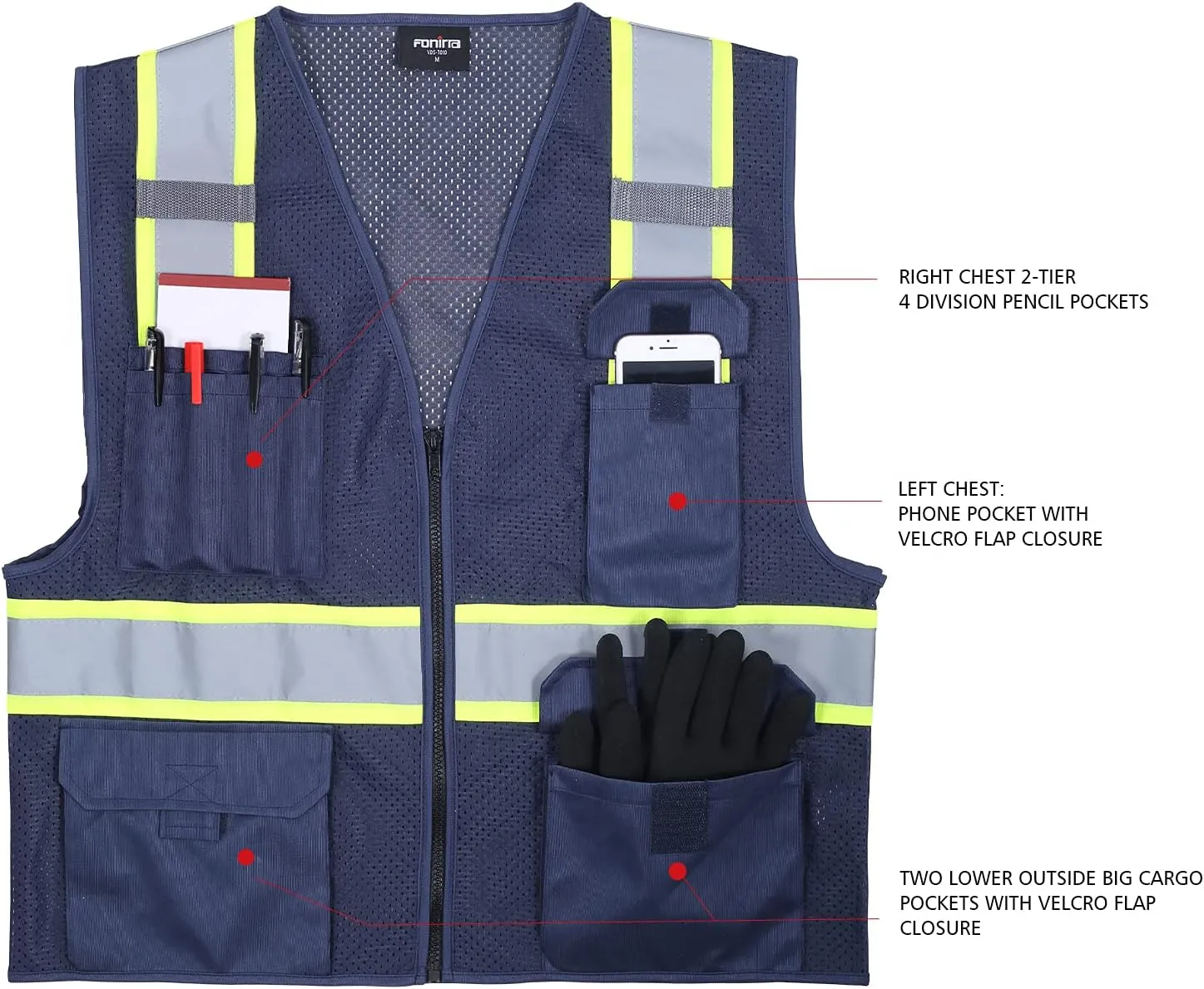 FONIRRA Safety Vest for Men High Visibility Reflective Construction Work Vest ANSI Class 2 with Pockets and Zipper(Navy,XL)
