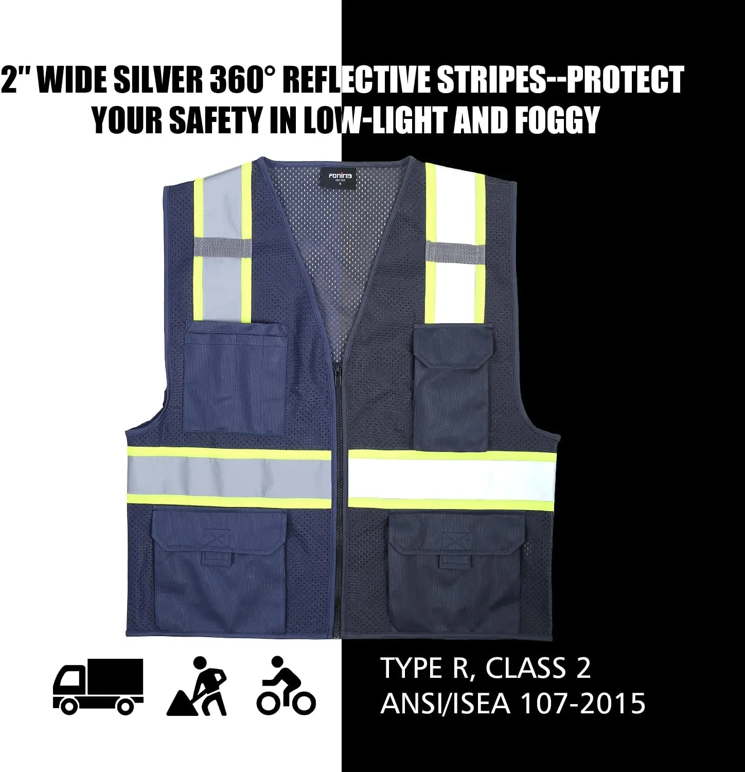 FONIRRA Safety Vest for Men High Visibility Reflective Construction Work Vest ANSI Class 2 with Pockets and Zipper(Navy,XL)