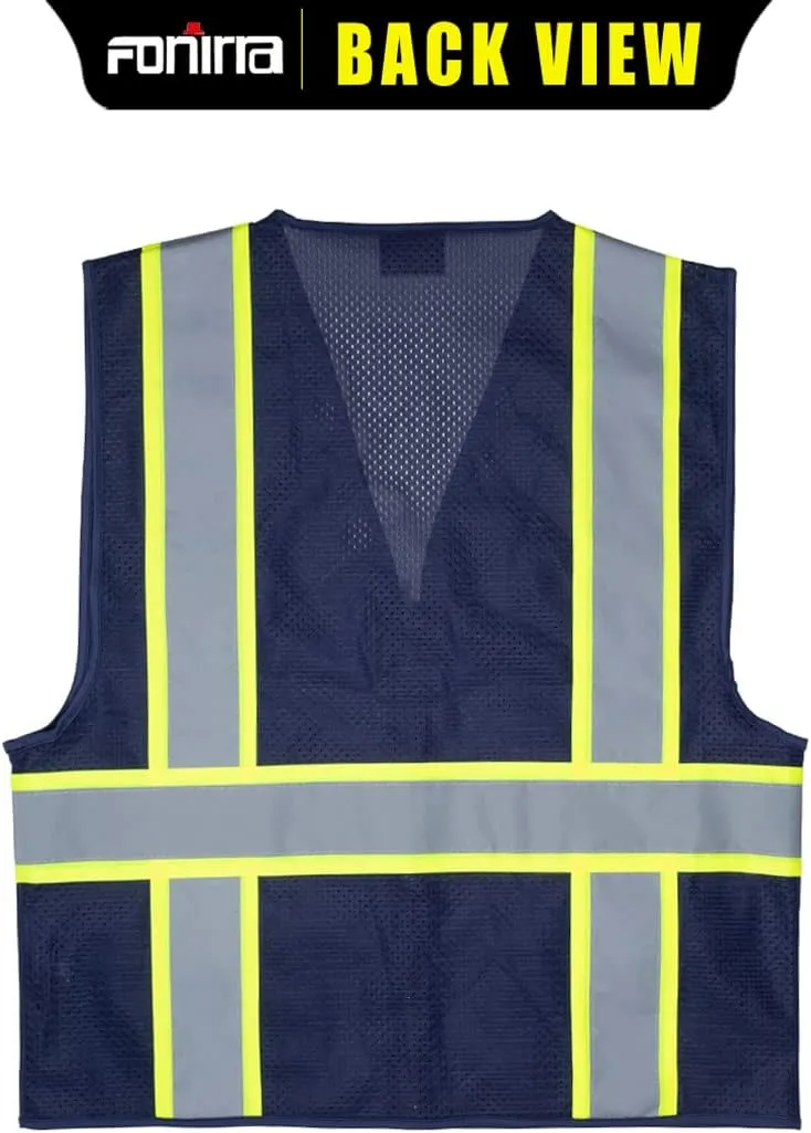 FONIRRA Safety Vest for Men High Visibility Reflective Construction Work Vest ANSI Class 2 with Pockets and Zipper(Navy,XL)