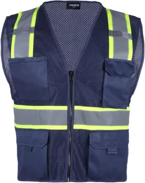 FONIRRA Safety Vest for Men High Visibility Reflective Construction Work Vest ANSI Class 2 with Pockets and Zipper(Navy,XL)