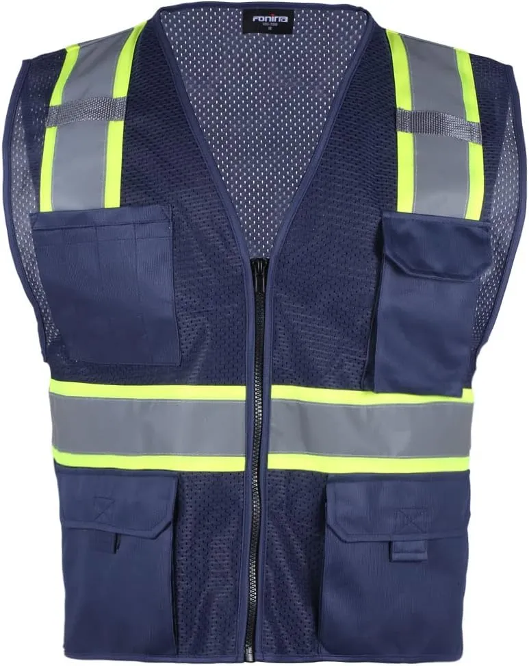 FONIRRA Safety Vest for Men High Visibility Reflective Construction Work Vest ANSI Class 2 with Pockets and Zipper(Navy,XL)