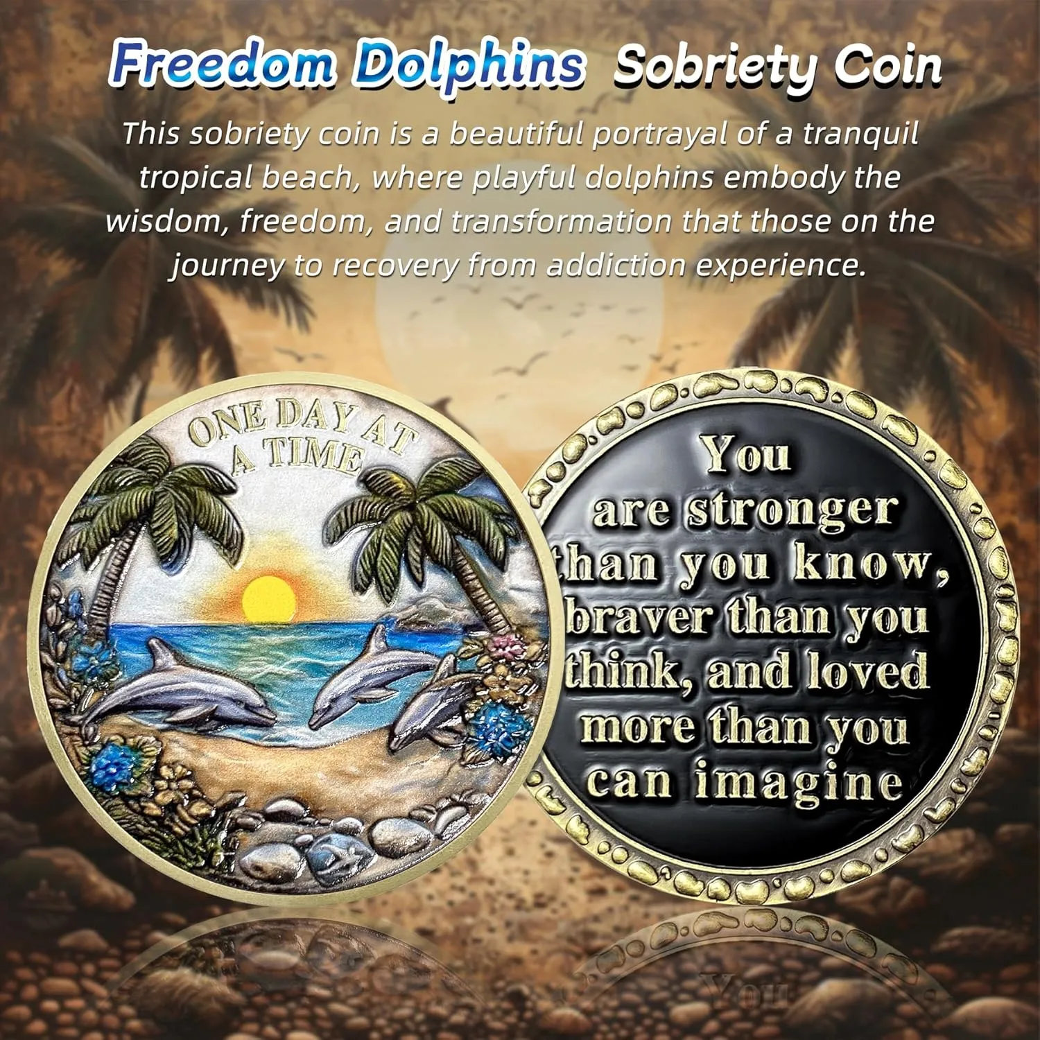 Freedom Dolphins Sobriety Coin - Recovery Addiction Sunset Beach AA Coins - One Day at A Time NA AA Chips and Medallions - Celebrate Living Clean Narcotics Alcoholics Anonymous Gifts for Men Women