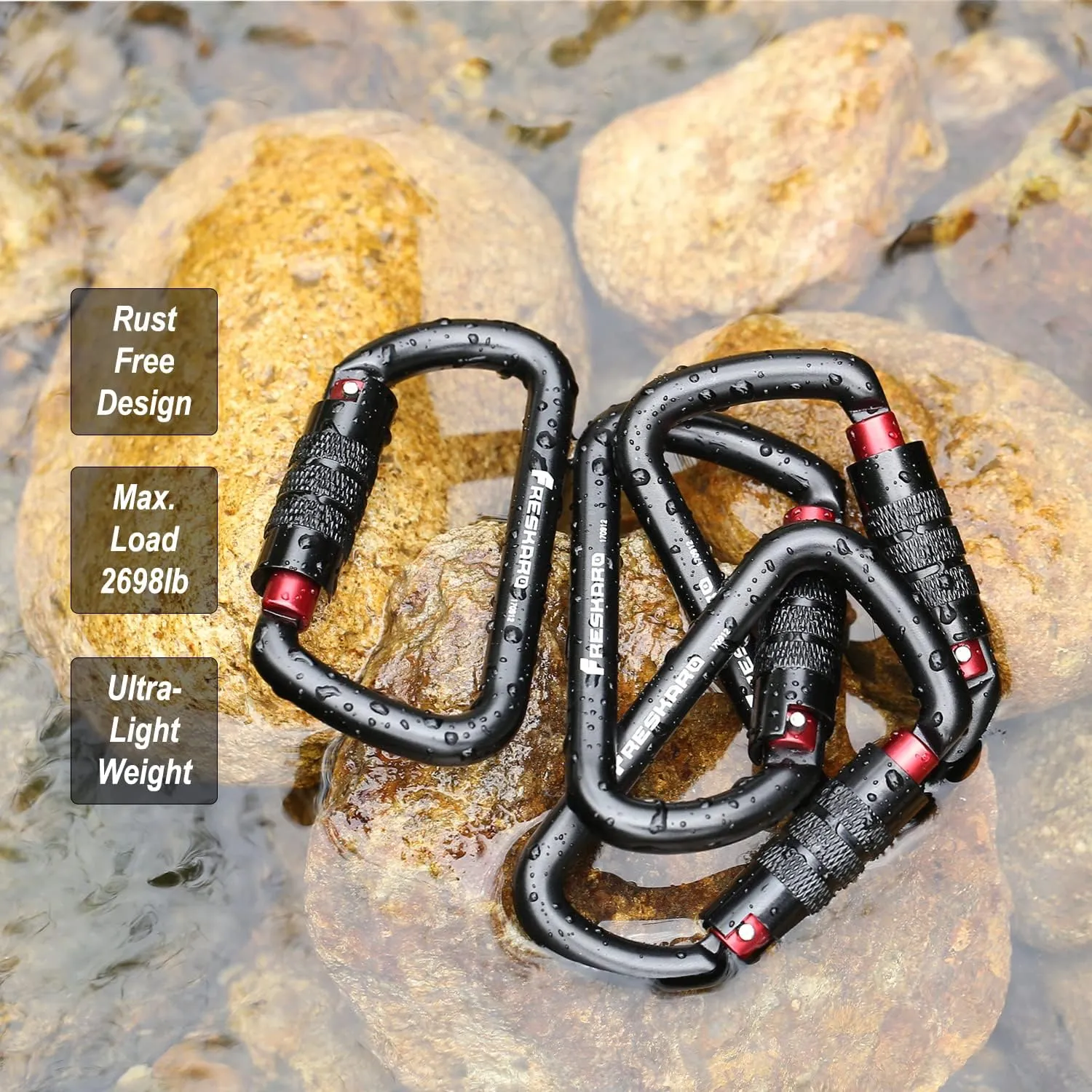 FresKaro 3inch 12kN-2698lbs Auto Locking Carabiner Clips, Solid D Shape, Heavy Duty 7075 Aluminum, Lightweight 1.09oz, Rust Proof, for Hammock, Hiking, Dog Leash, Keychain etc., Multi-Colors