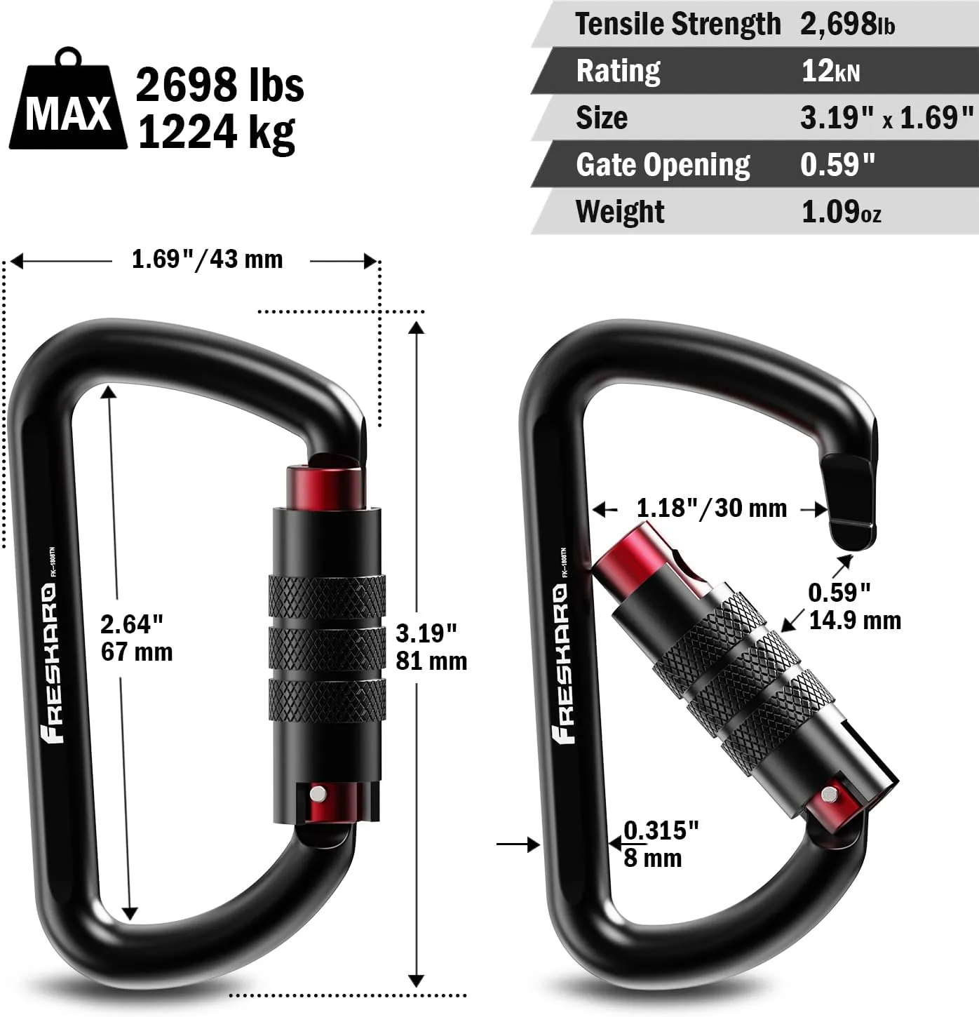 FresKaro 3inch 12kN-2698lbs Auto Locking Carabiner Clips, Solid D Shape, Heavy Duty 7075 Aluminum, Lightweight 1.09oz, Rust Proof, for Hammock, Hiking, Dog Leash, Keychain etc., Multi-Colors