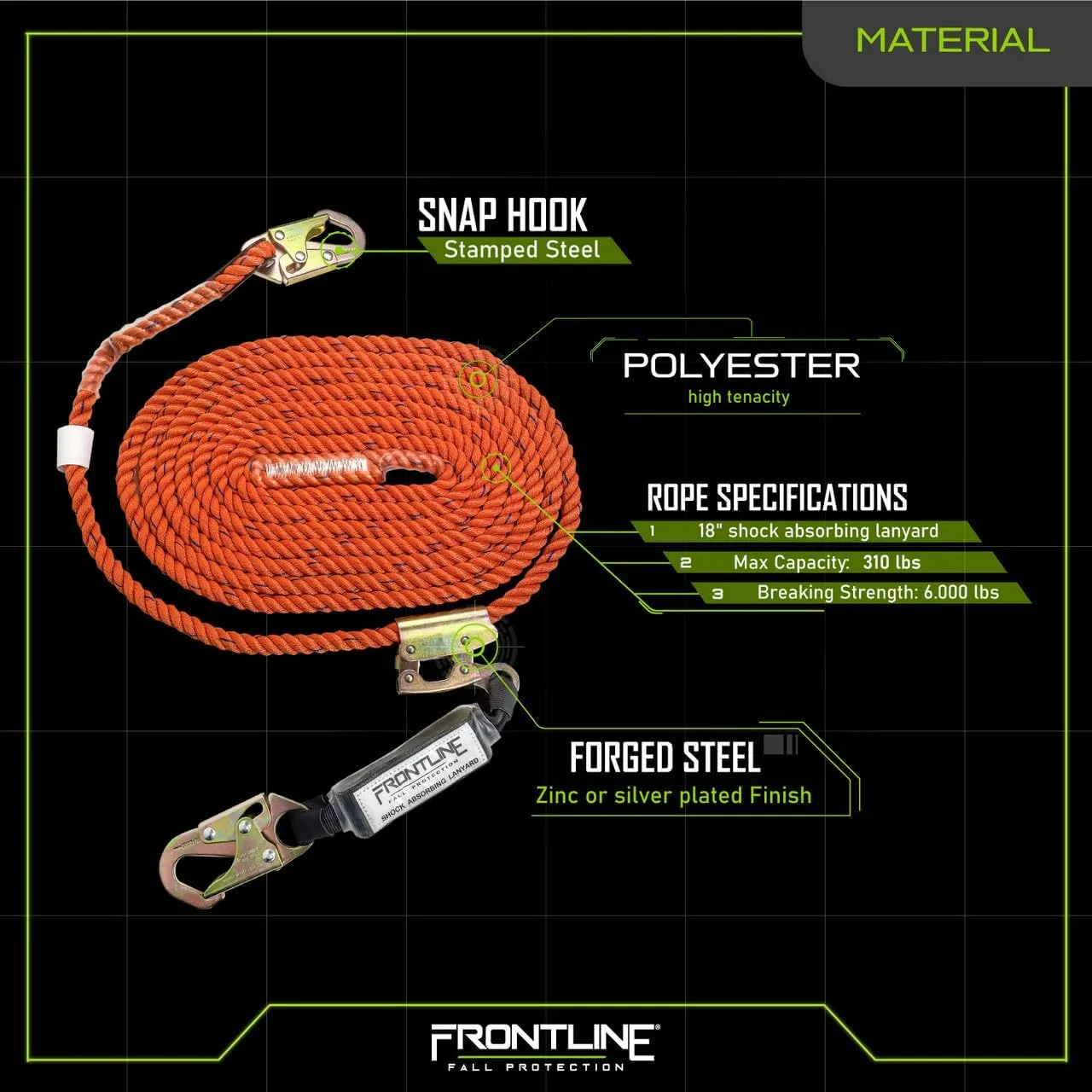 Frontline VLP25R3L Premium Vertical Lifeline with Openable Rope Grab 25' and Shock Pack | High Strength Rope | Fast and Easy Set-up | Double Locking Closing Mechanism | OSHA & ANSI Complaint