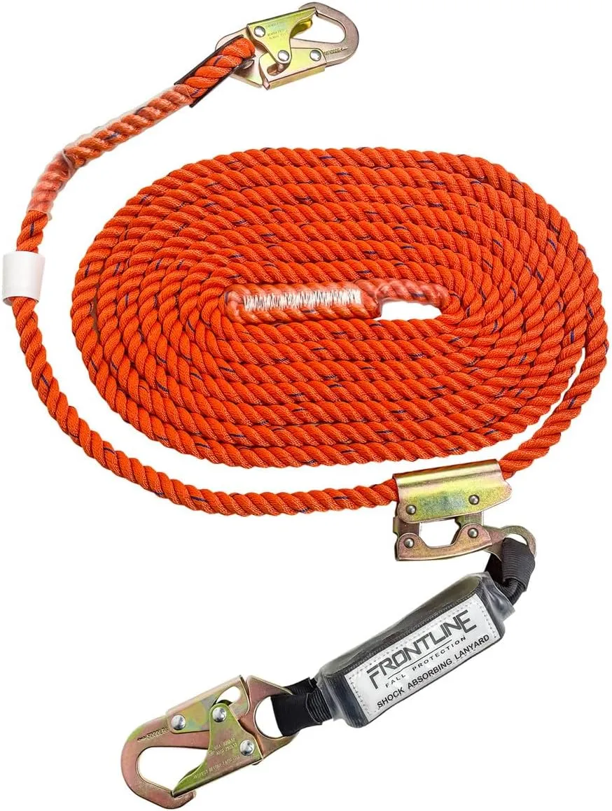 Frontline VLP25R3L Premium Vertical Lifeline with Openable Rope Grab 25' and Shock Pack | High Strength Rope | Fast and Easy Set-up | Double Locking Closing Mechanism | OSHA & ANSI Complaint