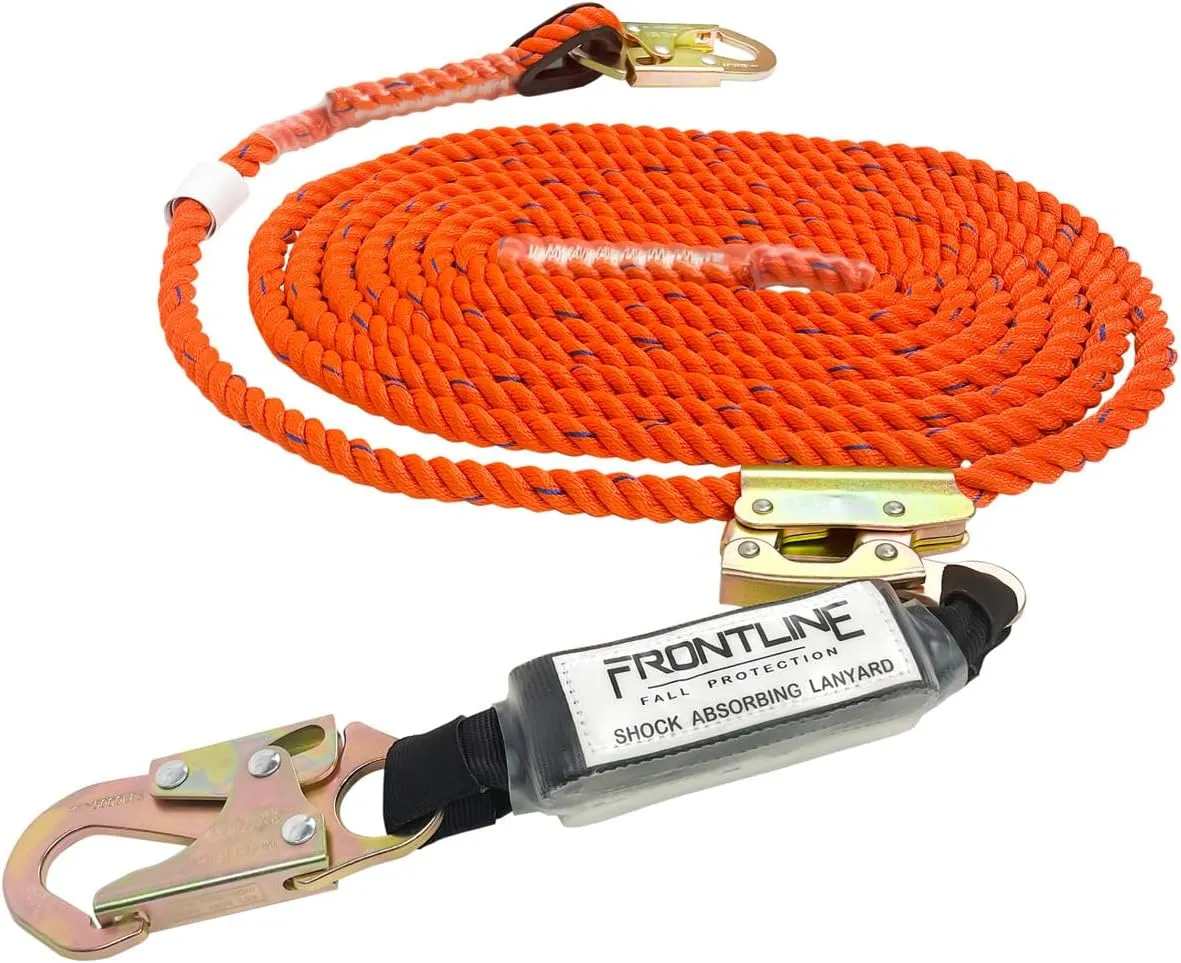 Frontline VLP25R3L Premium Vertical Lifeline with Openable Rope Grab 25' and Shock Pack | High Strength Rope | Fast and Easy Set-up | Double Locking Closing Mechanism | OSHA & ANSI Complaint