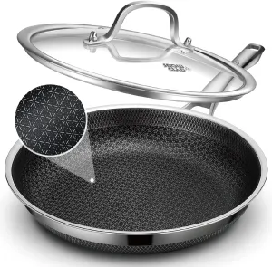 Frying Pan with Lid, 12 Inch Hybrid Non Stick Stainless Steel Skillets, Dishwasher Induction Oven Broiler Safe, Non Toxic Chef's Pan, PFOA Free Cookware