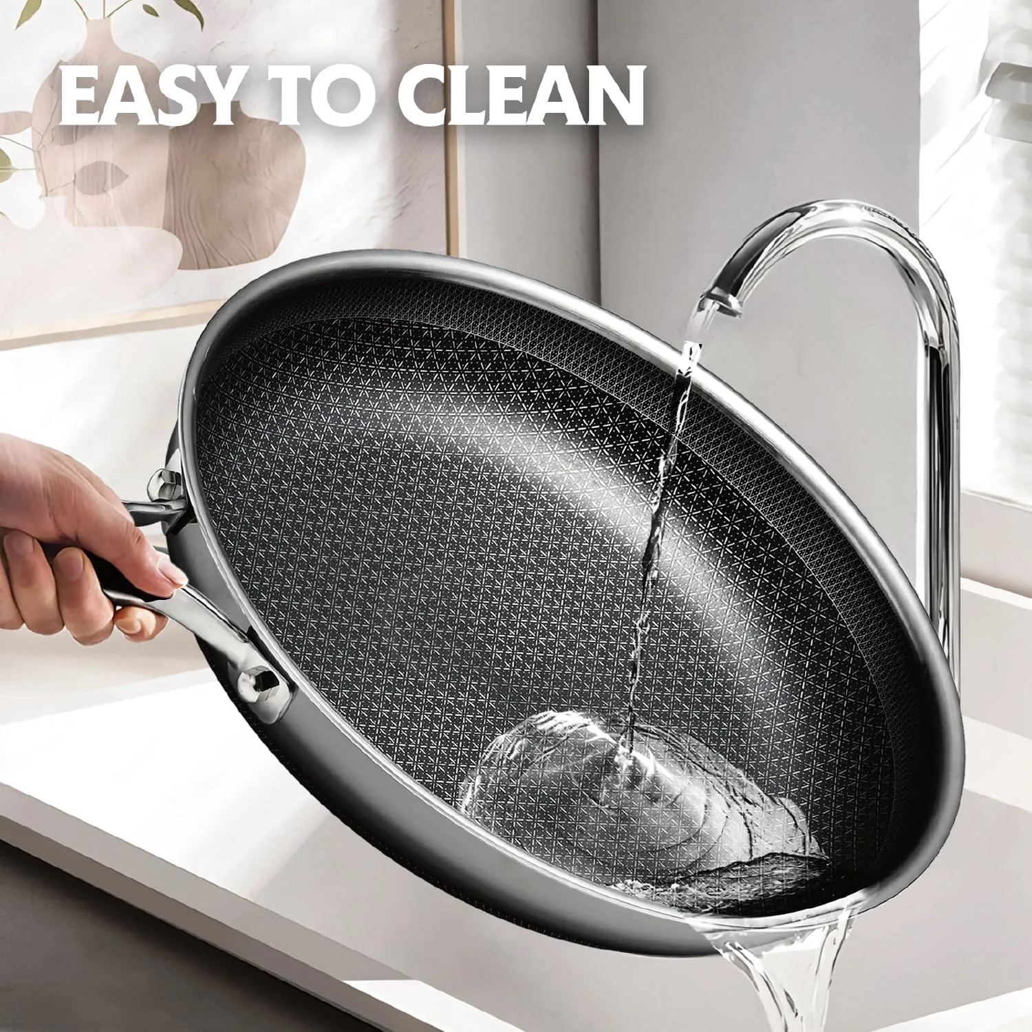 Frying Pan with Lid, 12 Inch Hybrid Non Stick Stainless Steel Skillets, Dishwasher Induction Oven Broiler Safe, Non Toxic Chef's Pan, PFOA Free Cookware