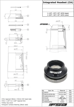 FSA No.44E 1-1/8Inches to 1-3/8Inches Integrated Headset with Top Cap, XTE1669
