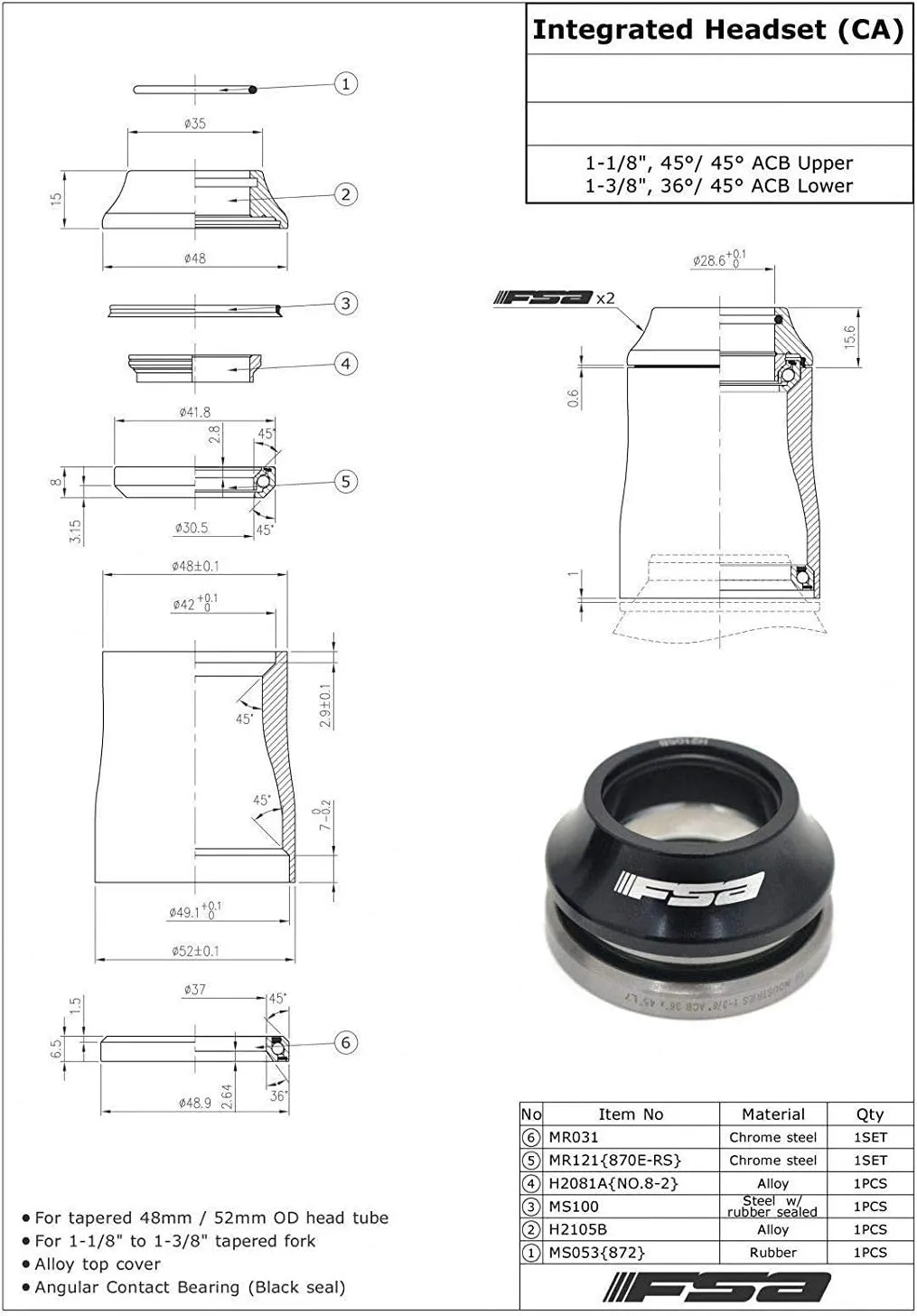 FSA No.44E 1-1/8Inches to 1-3/8Inches Integrated Headset with Top Cap, XTE1669