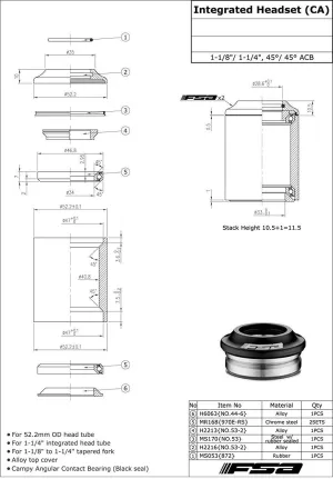 FSA No.53-1 1-1/8Inches to 1-1/4Inches Integrated Headset with Top Cap, XTE1670