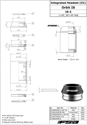 FSA Orbit is-2 1-1/8 Threadless OD 45mm Road Integrated Headset with Top Cap, is-2(1-1/8), XTE1534