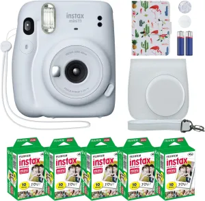 Fujifilm Instax Mini 11 Instant Camera Ice White   MiniMate Accessory Bundle & Compatible Custom Case   Fuji Instax Film Value Pack (50 Sheets) Flamingo Designer Photo Album