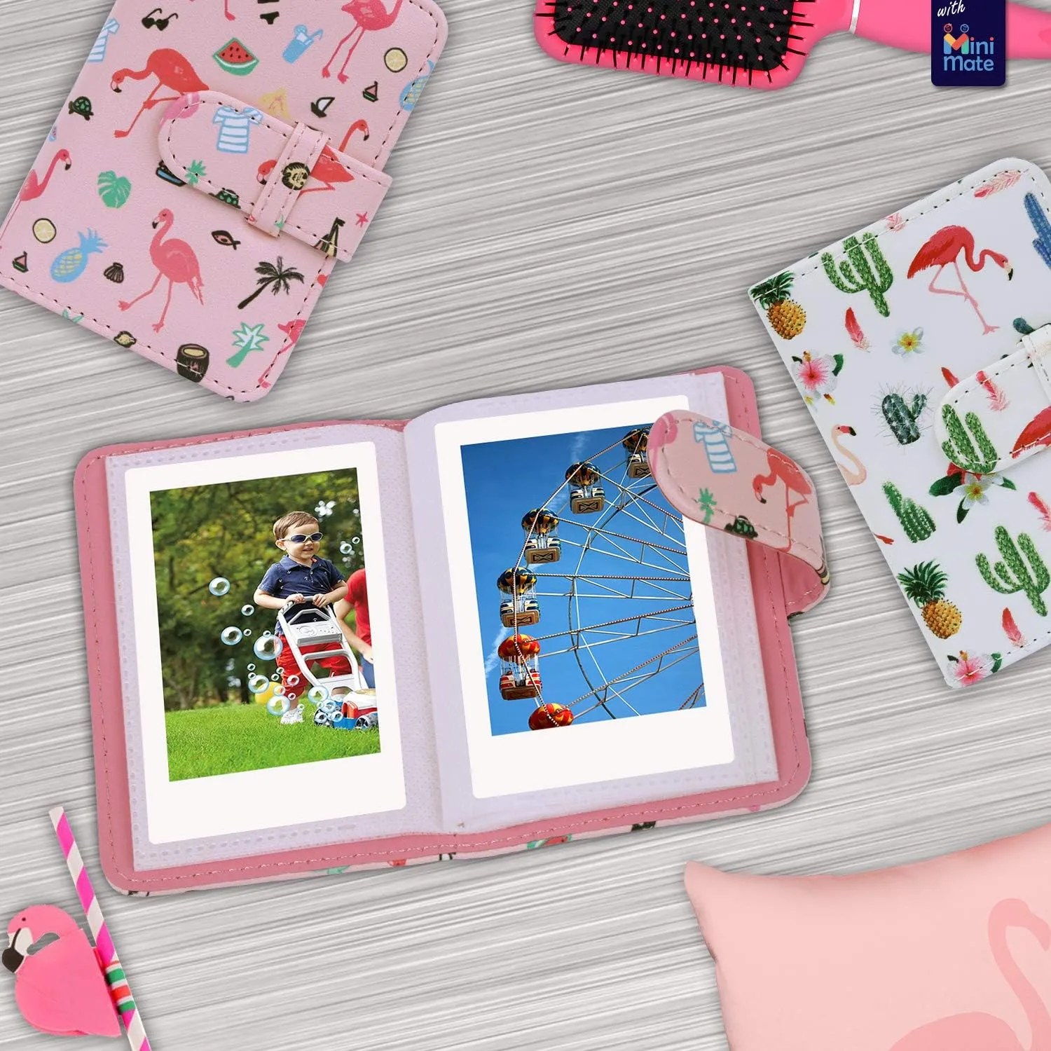 Fujifilm Instax Mini 11 Instant Camera Ice White   MiniMate Accessory Bundle & Compatible Custom Case   Fuji Instax Film Value Pack (50 Sheets) Flamingo Designer Photo Album