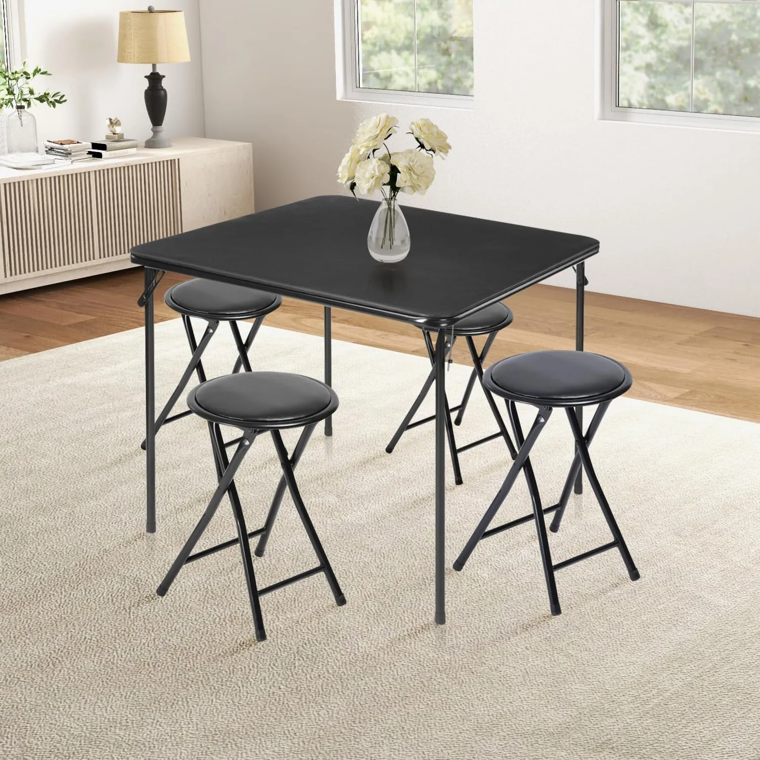 FurnitureR Folding Stools, Backless 18-Inch Stool Chairs Collapsible Padded Round Portable for Indoor/Outdoor, Metal Frame, PVC Cushion, No Assembly Required, Set of 4, Black